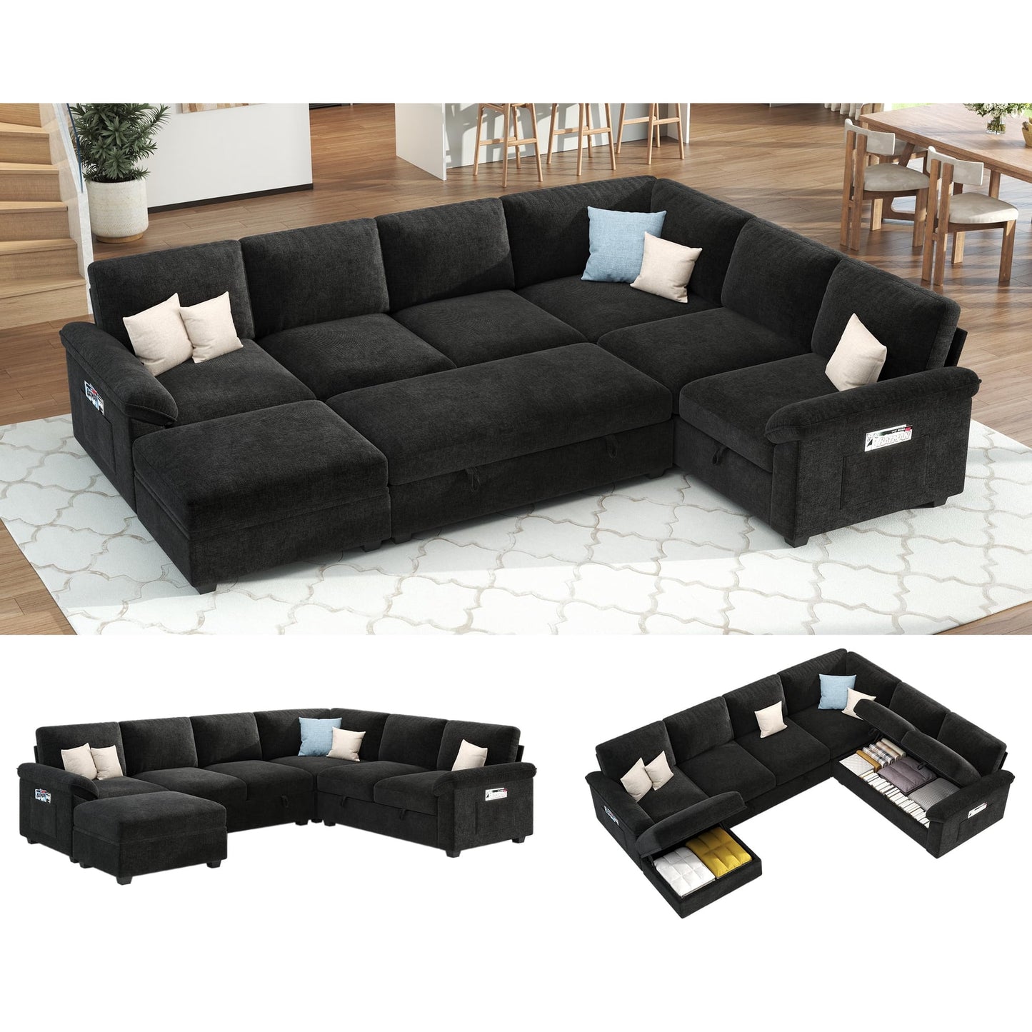 VanAcc 105" Sofa Bed, Sectional Sleeper Sofa with Pull Out Bed/Reclining Backrest, Sleeper Couch Bed with Storage, 6 Seater Couch Bed, Chenille Black