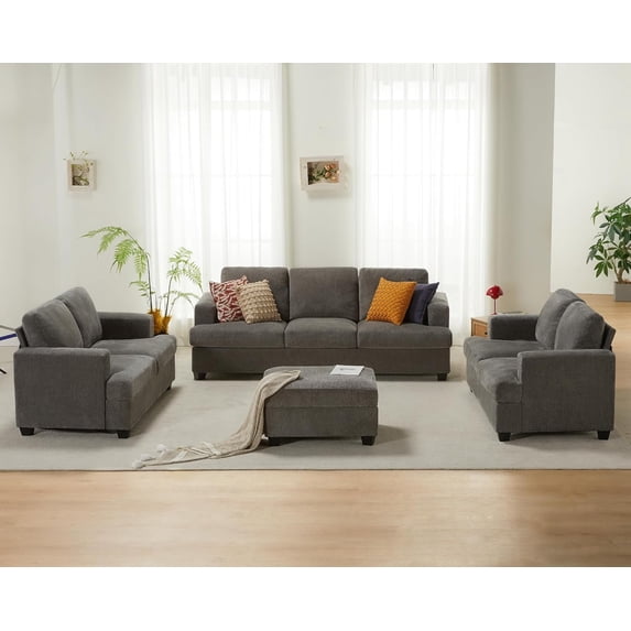 VanAcc 112" Sectional Sofa with USB Ports & Cup Holder, U Shaped Sofa Couch with Storage, Faux Fur Dark Grey