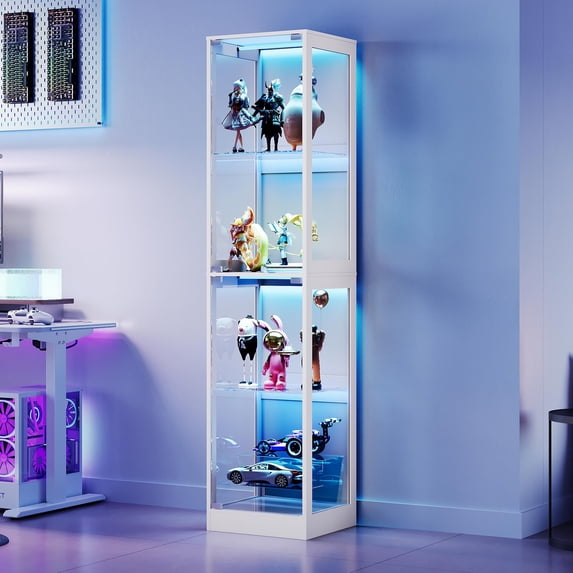 VanAcc 16 inches RGB Display Cabinet, 70 H x 16 W x 16 D in, 4-Tier Storage, Adjustable Shelves, RGB LED Lights, for Collectibles, White