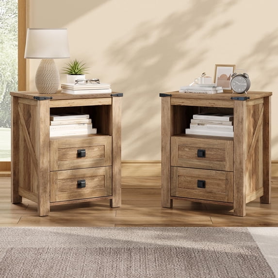 VanAcc 17.7"W Farmhouse Nightstand Set of 2, Wooden Side Table with Drawers & Open Shelf, Narrow Bedside End Table for Bedroom