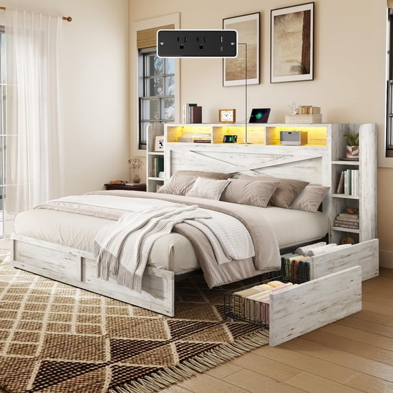 VanAcc 45" Farmhouse Storage Bed Frame with Bookcase Headboard, Side Shelves & Underbed Drawers, LED Light & USB Charging Station