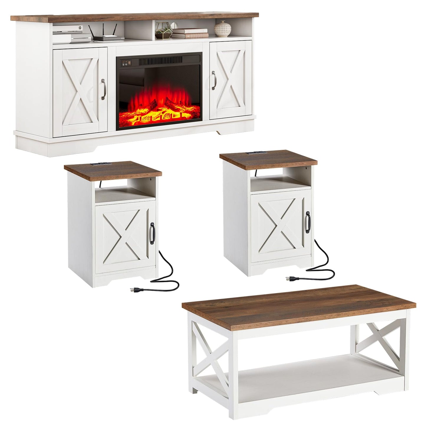 VanAcc 5-Piece Farmhouse Table Set Include 63" TV Stand with 26" Fireplace, 40" Coffee Table, 2 End Tables with Charging Station, Rustic Oak & White