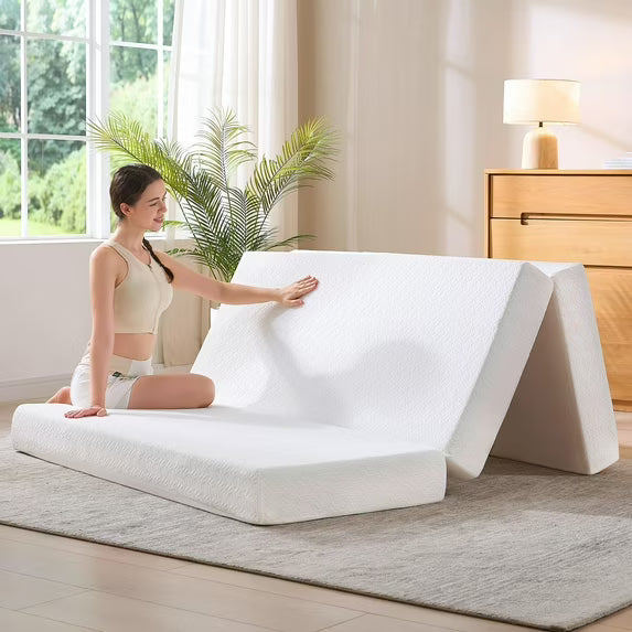 VanAcc 6" Tri-Fold Memory Foam Mattress, Folding Guest Bed with Washable Cover, Portable Floor Mattress for Travel, Dorm, White