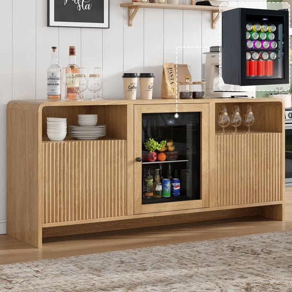 VanAcc 60" Coffee Bar Cabinet with Beverage Fridge (Included), Buffet Sideboard Table for Home, Bar Cabinet with Storage for Dining Room, Oak