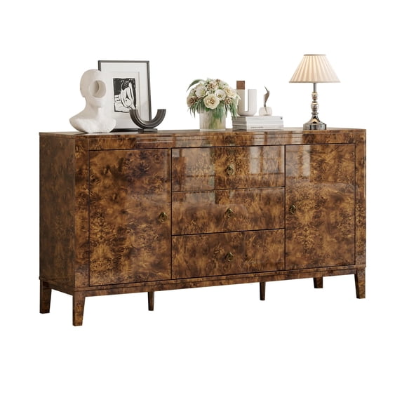VanAcc 60'' High Gloss Burl Wood Buffet Sideboard, Storage Cabinet with 3 Drawers & 2 Closed Cabinets, for Dining Room, Dark Brown Burl