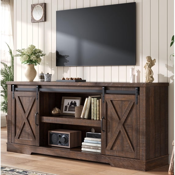 VanAcc 66" Farmhouse TV Stand for 75 in TVs, Entertainment Center with Sliding Barn Door and Adjustable Shelf & feet