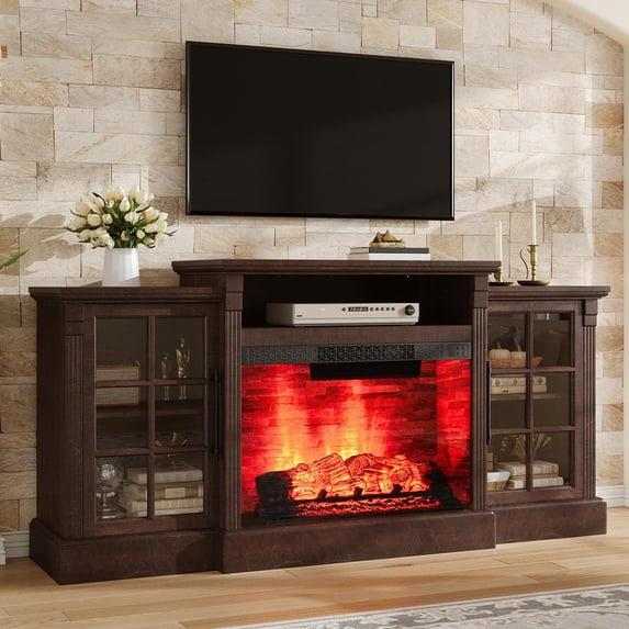 VanAcc 70" Farmhouse Fireplace TV Stand for TVs up to 80", Media Console with Storage Cabinets & Adjustable Shelves, for Living Room