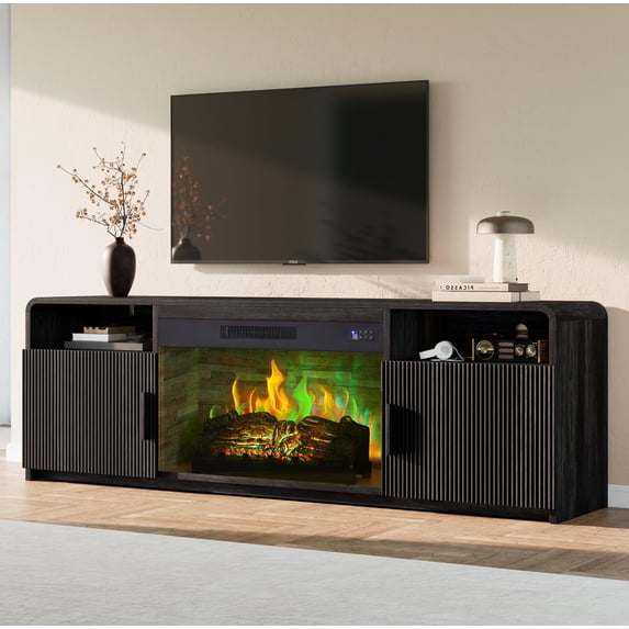 VanAcc 70" TV Stand with 30" Electric Fireplace & Storage, Black