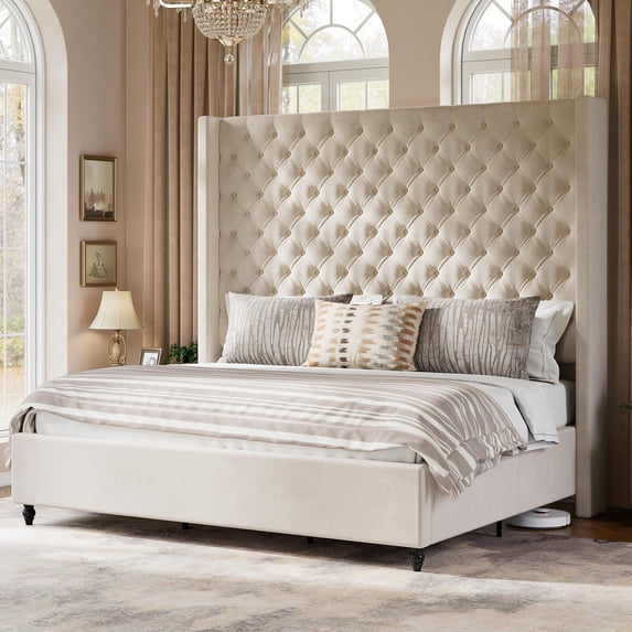 VanAcc Bed Frame with 65" Extral Tall Wingback Headboard, Handcrafted Deep Button Tufting, No Box Spring needed, Easy Assembly