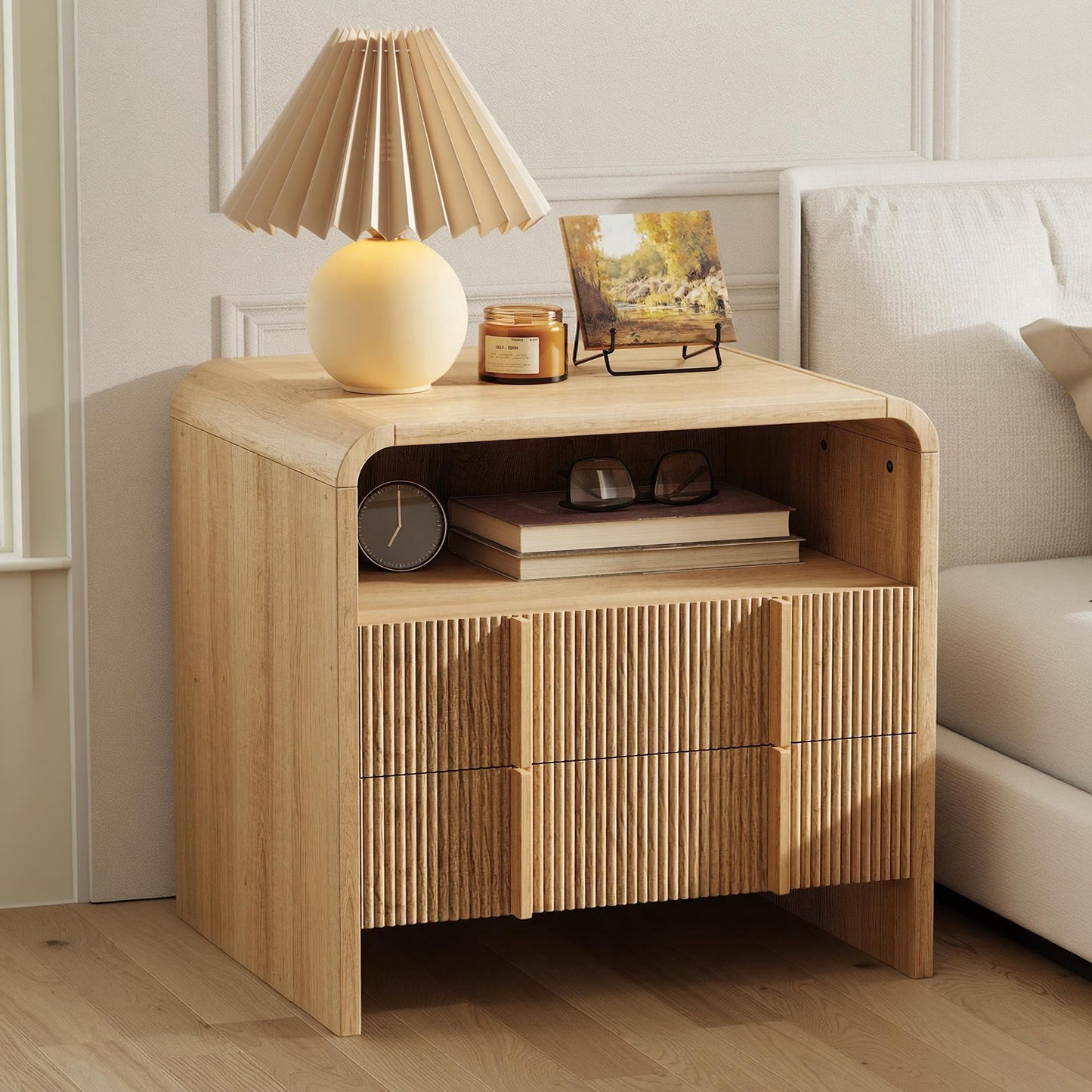 VanAcc Fluted Night Stand with Storage Drawers, Modern Small Nightstand with Open Shelf, Wood End Table for Bedroom, Living Room, Oak