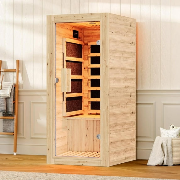 VanAcc Infrared Sauna 1 Person for Home, Spruce Wood Dry Sauna with Foot Warmer, Indoor Spa, 149℉ Fast Heating, LED Light, 27.2"x31.8"x60.2"