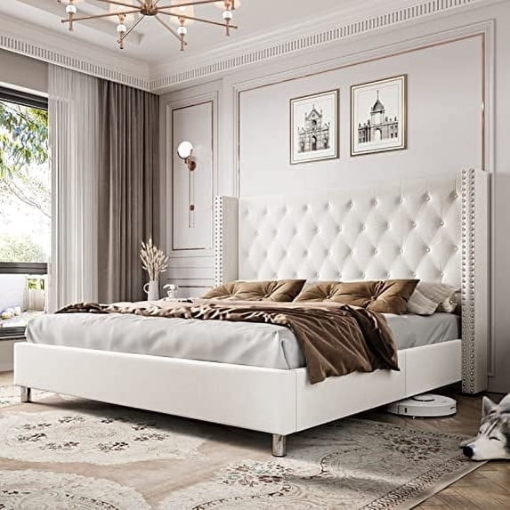 VanAcc Upholstered Platform Bed Frame with Headboard, No Box Spring Needed