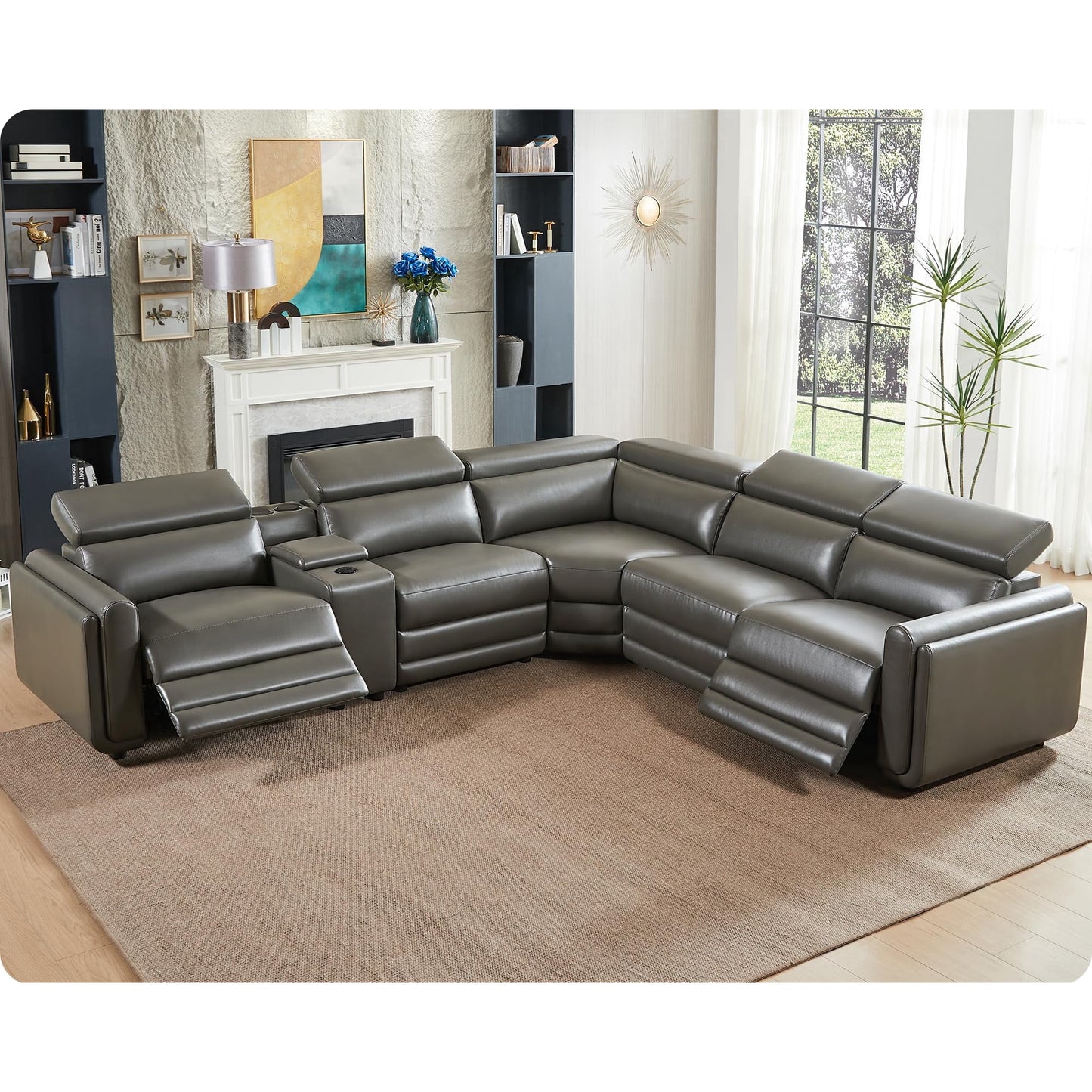 VanAcc Power Recliner Sofa, 129 Inch Oversized Reclining Sofa with Console & Speaker, 5 Seats L Shaped Sectional Couch, Dark Grey Leather