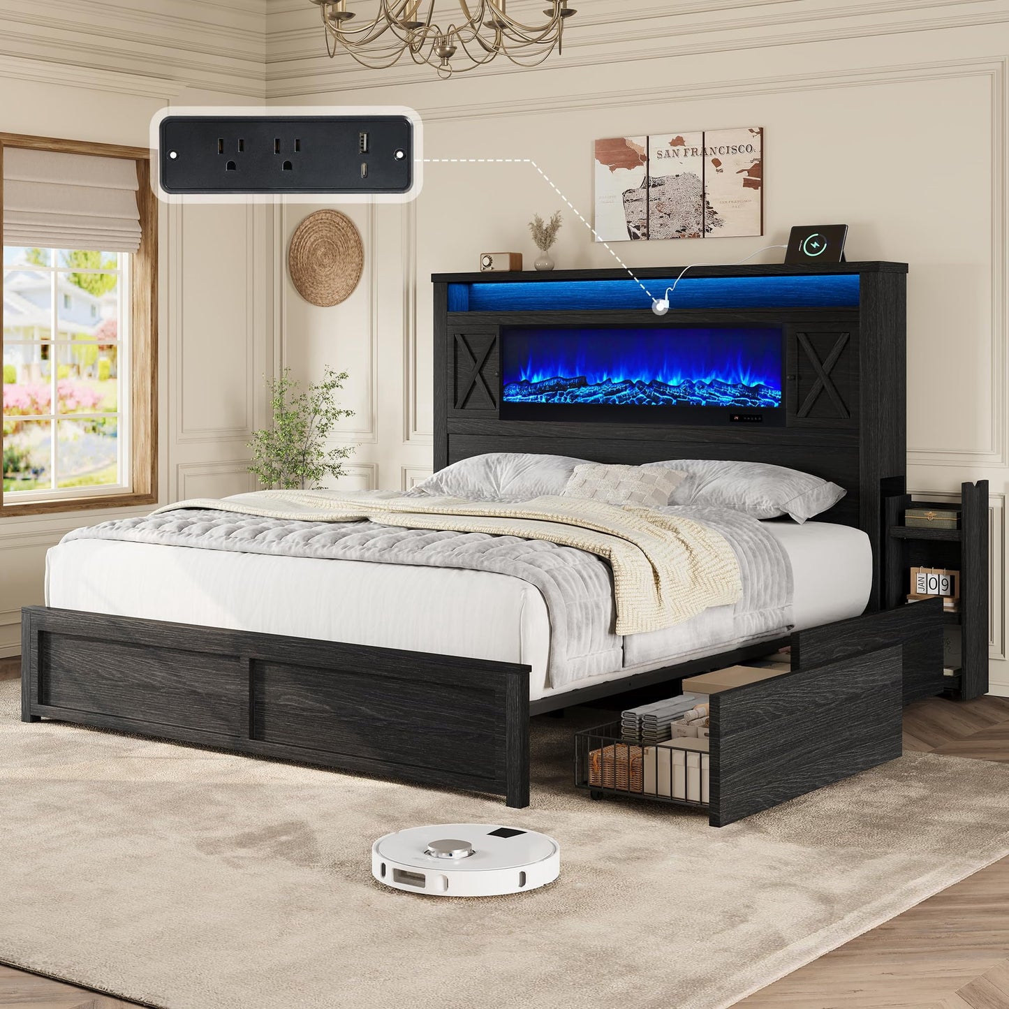 VanAcc Bed Frame with Fireplace, Farmhouse with 57" Headboard, Barn Door Cabinets, 4 Drawers, RGB LED & Charging Station