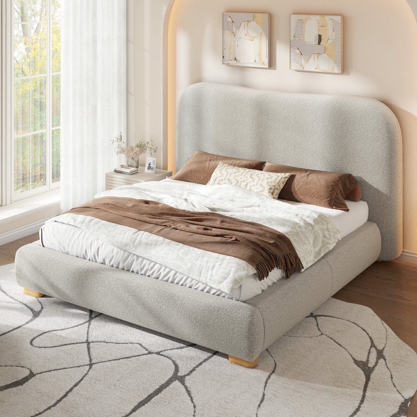 VanAcc Cloud Bed Frame, 7.1" Thick Curved Headboard, Modern Upholstered Platform Bed, Easy Assembly