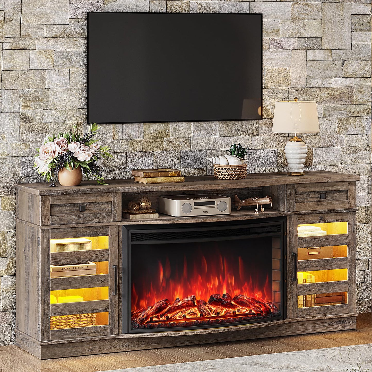 VANACC 70" Farmhouse Curved Fireplace TV Stand, LED Light Entertainment Center Table with 36" Upgrade Electric Fireplace TV Console Cabinet for TVs Up to 80"