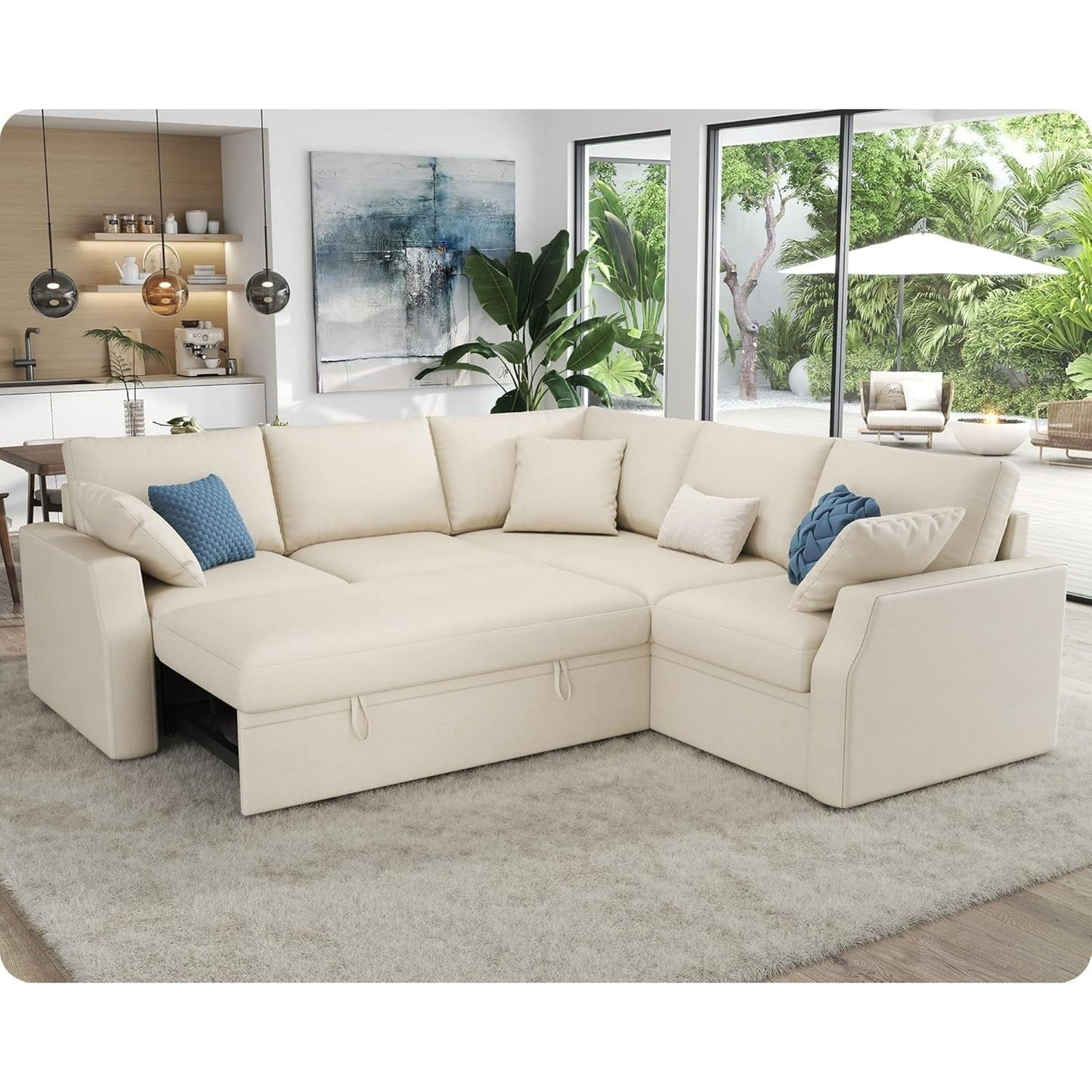 VanAcc 85 inch Oversized Sofa with USB, U Shaped Sofa with Storage White
