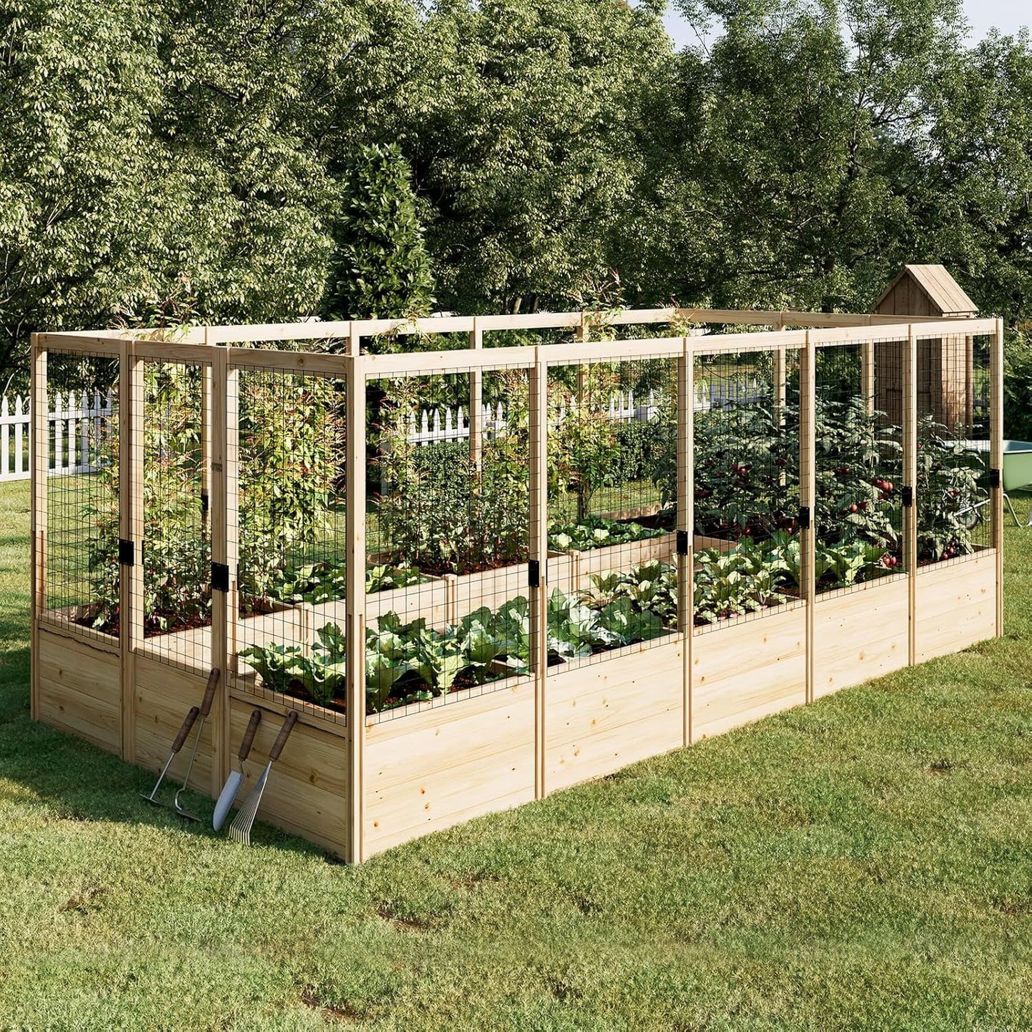 Jocisland Wooden Raised Garden Bed for Outdoor, Deep Large Planter Box with Netting for Gardening, Vegetables, Herbs(8× 15× 6FT)