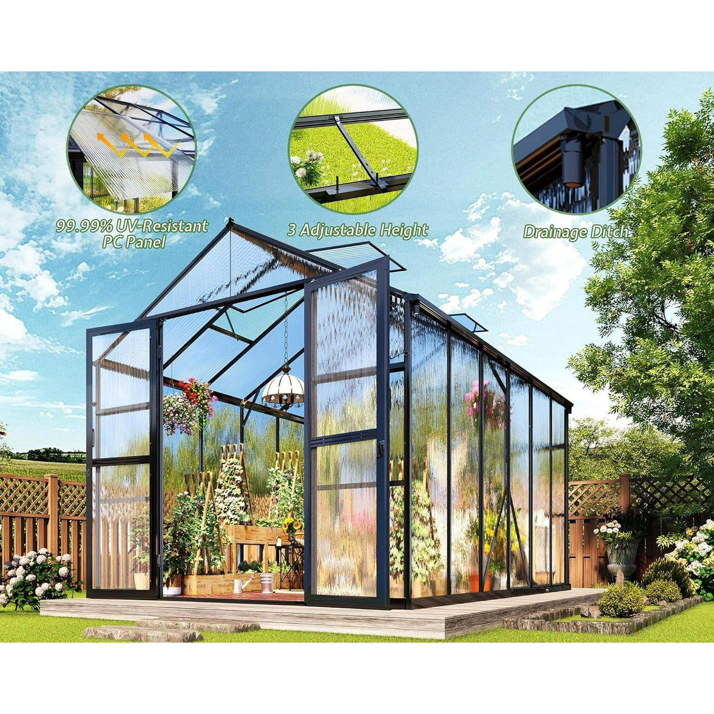 Jocisland 7.5x11x7.5 FT Polycarbonate Greenhouse with Quick Connector Fast Assembly, Outdoor Aluminum Greenhouses with Rain Gutter and Ventilation, Walk in Greenhouse for Backyard Garden, Black