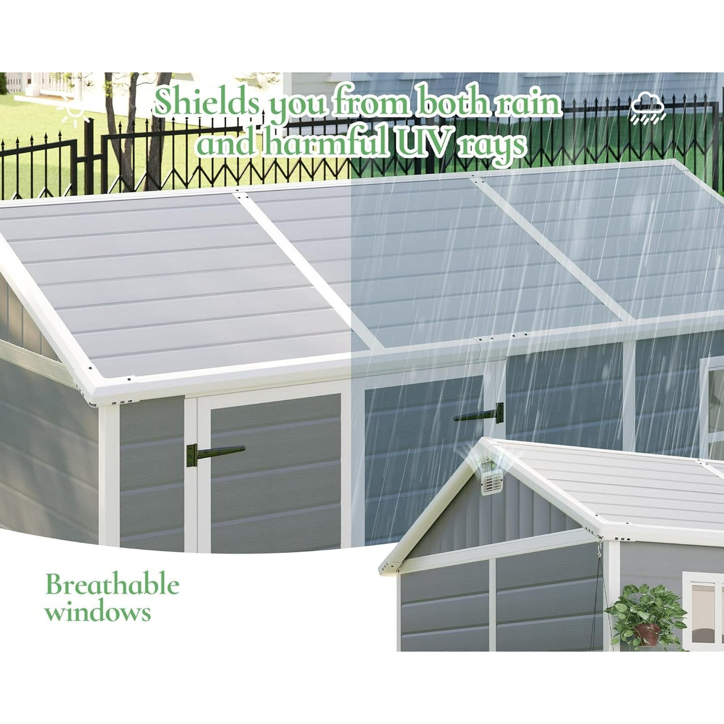 LUXOAK 10.5x7.6x7.5 FT Resin Storage Shed with Floor, Tool Shed Outdoor Storage with Vents, Windows, and Stainless Steel Cores, for Bicycles/Lawnmowers/Pool Supplies, Grey