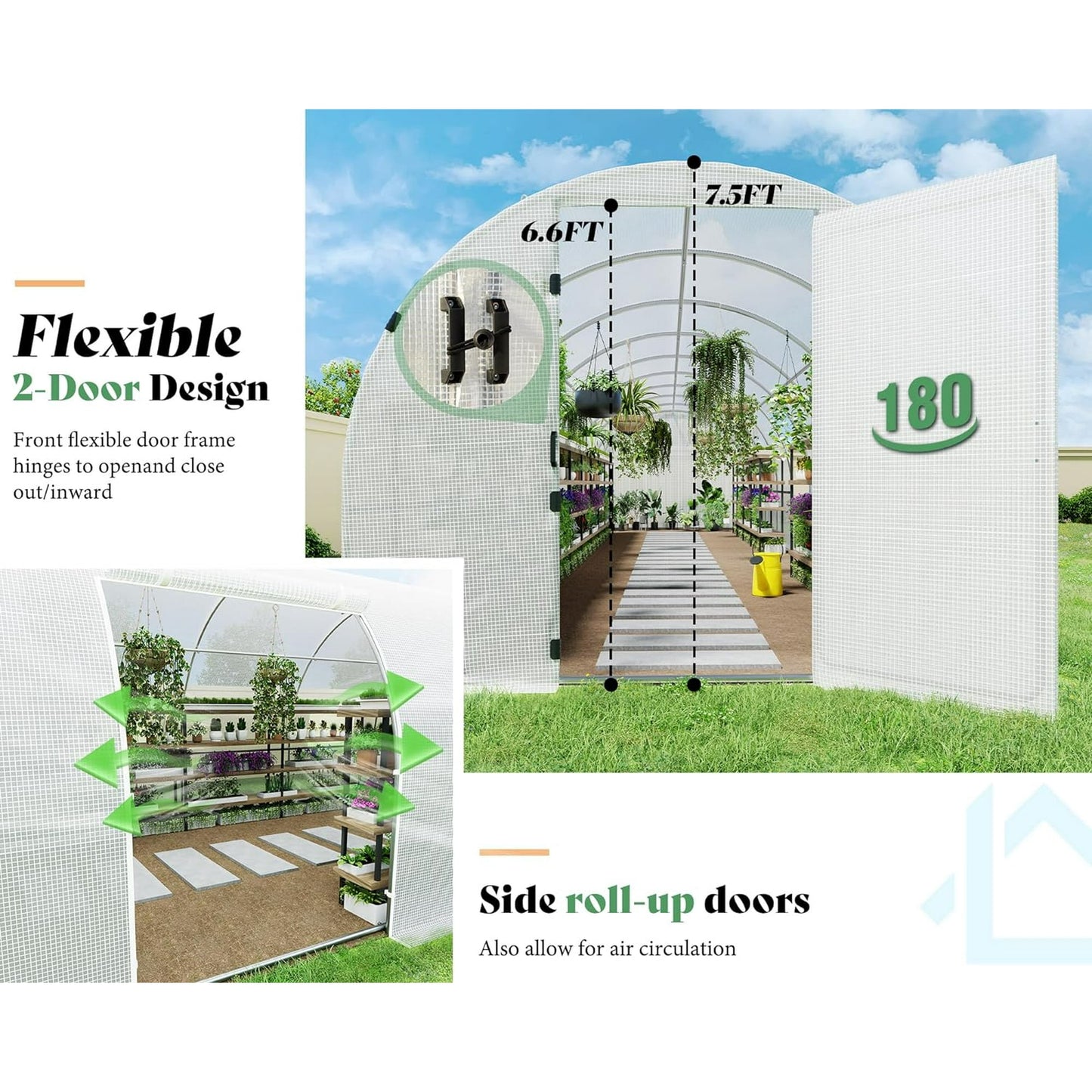 44x10x7.5 ft Outdoor Tunnel Greenhouse, Ships in 2 Packages, with Swing Door, Premium PE Cover, Film Clips, White, Clear Cover Patter