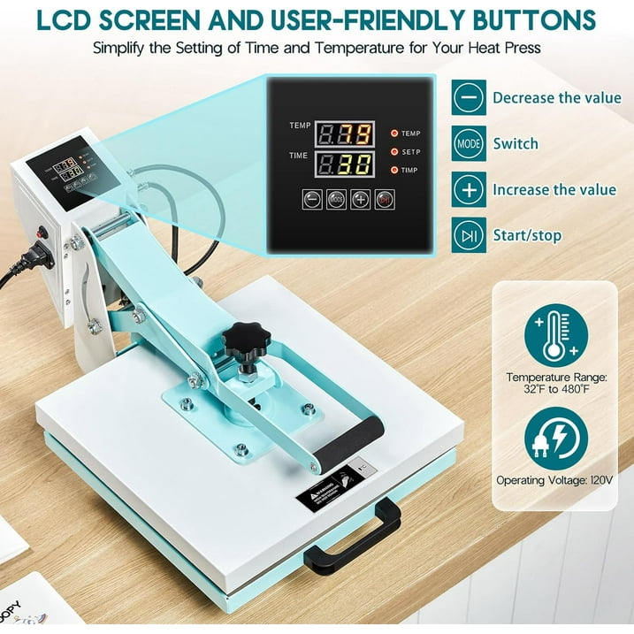 Jocisland 2-in-1 15x15 Heat Press, Industrial-Quality Digital Sublimation Heat Press Machine for T-Shirts, Mugs, 30oz Mug Press, Sewing Rulers, Blue