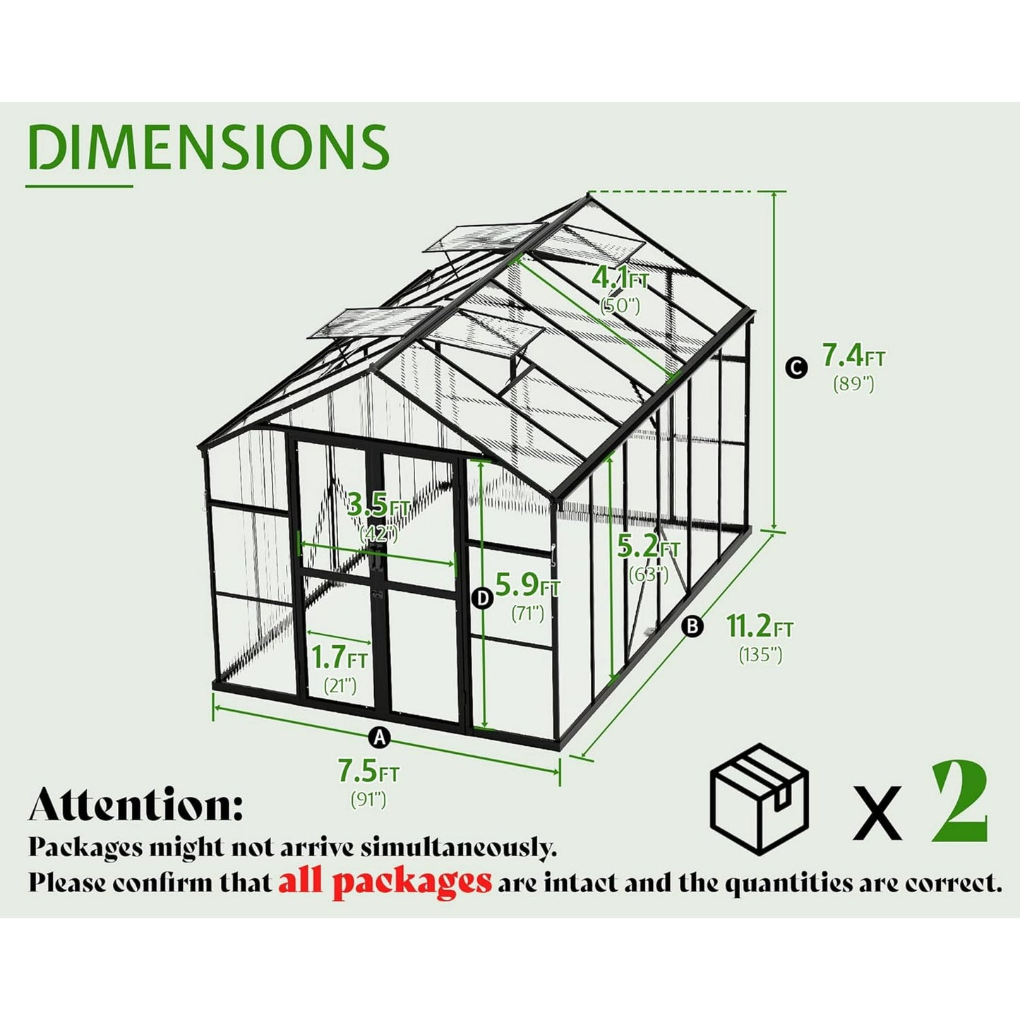 Jocisland 7.5x11x7.5 FT Polycarbonate Greenhouse with Quick Connector Fast Assembly, Outdoor Aluminum Greenhouses with Rain Gutter and Ventilation, Walk in Greenhouse for Backyard Garden, Black