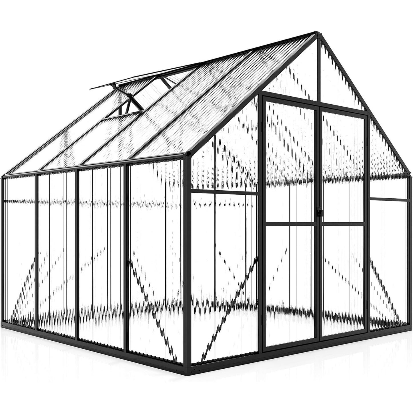 LUXOAK 8x8x7 FT Polycarbonate Greenhouse, Walk-in Aluminum with 2 top-opening windows, 2 Swing Doors, Heavy Duty Outdoor Garden Greenhouse, Black