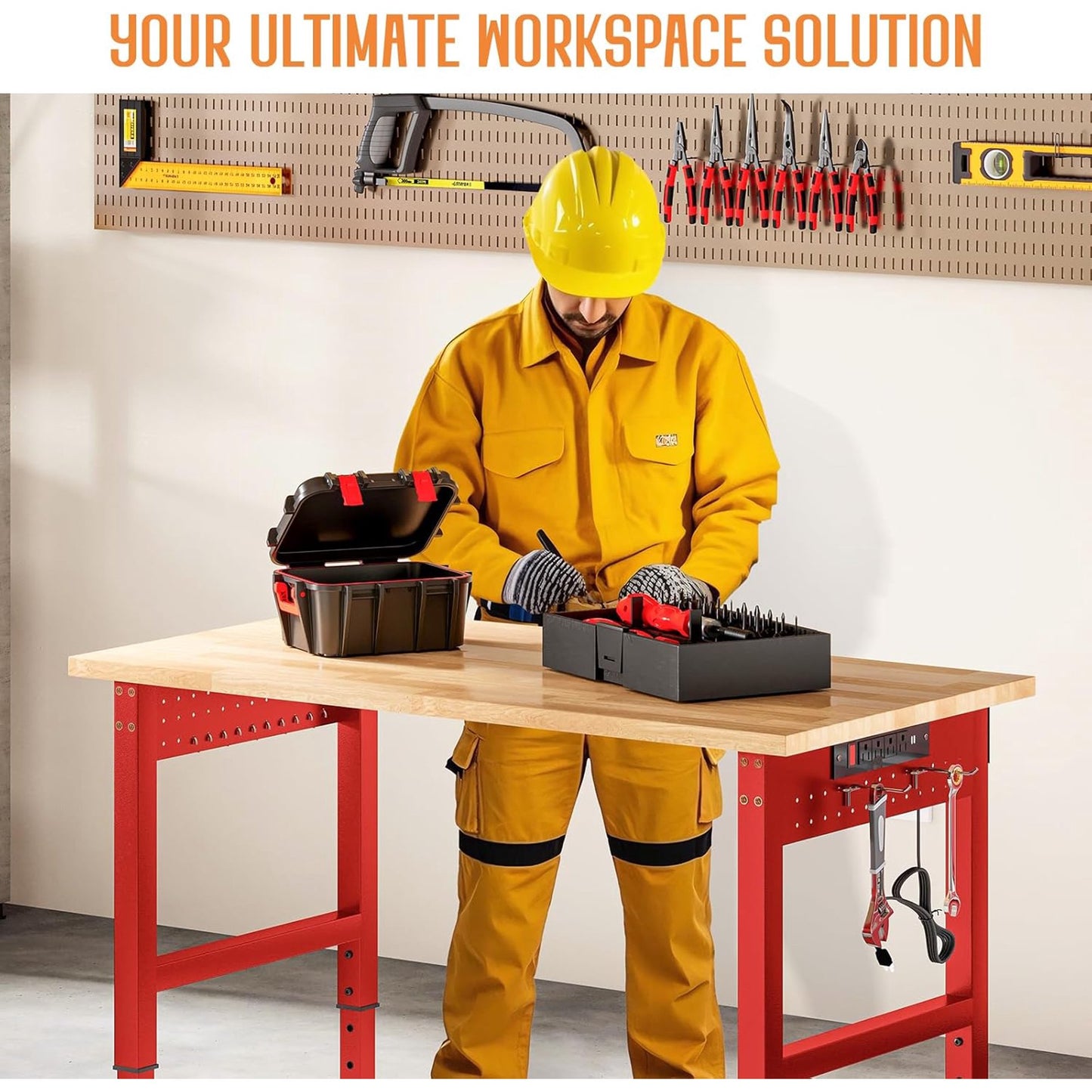 Jocisland 44" Red Adjustable Heavy Duty Workbench with 4 AC Outlet and 2 USB Ports Power Outlets, 2000 Lbs Capacity, Rubber Wood Top for Garage, Workshop, Office