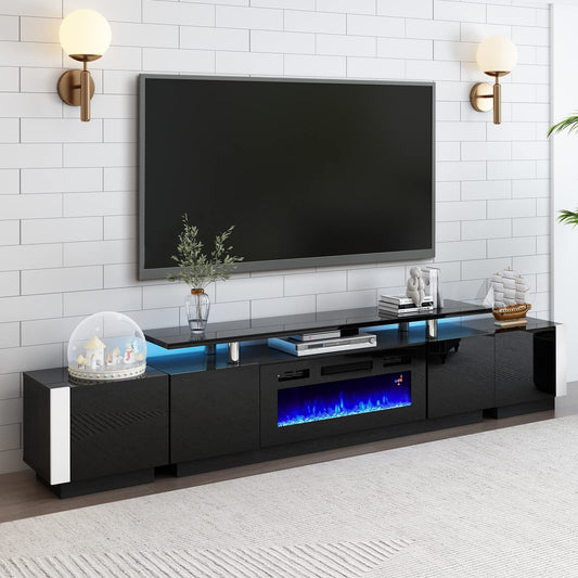 Amerlife TV Stand Set with Electric Fireplace, Includes 70" 2-Tier Fireplace TV Stand,2 End Tables,Modern High Gloss TV Console for Living Room,Black