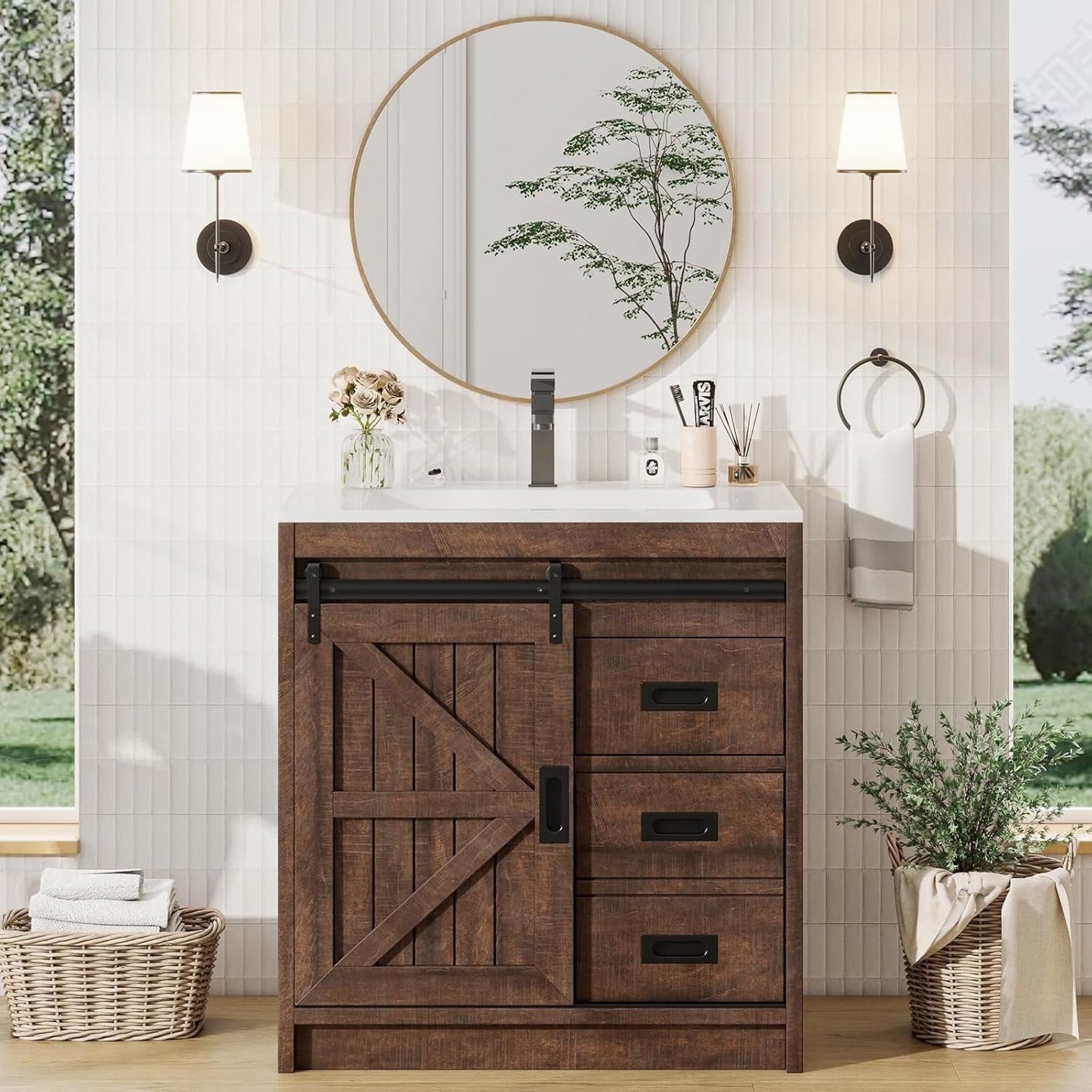 Amerlife 31" Sliding Barn Door Bathroom Vanity with Sink, Farmhouse Small Single Bath Vanity, Blue
