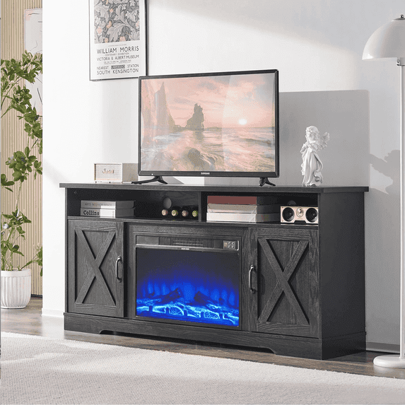 Amerlife 63" Tv Stand, 26" Fireplace, Antique Black