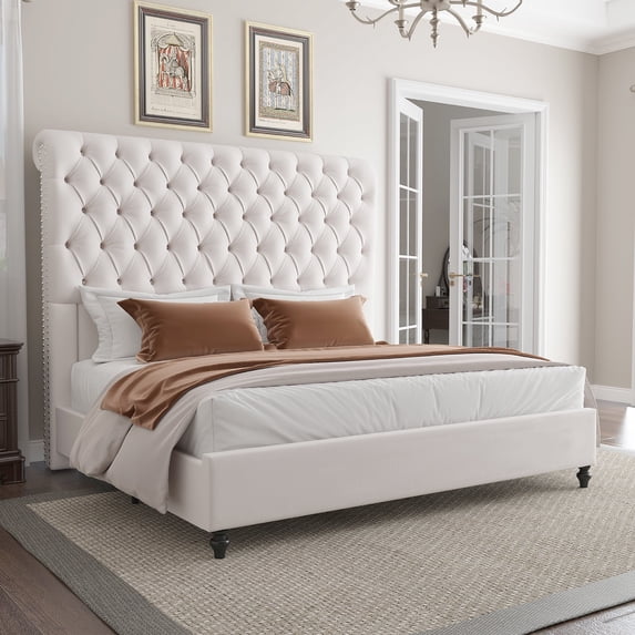 Amerlife Bed Frame with 59.1" Sleigh Headboard,Velvet Upholstered,No Box Spring Needed