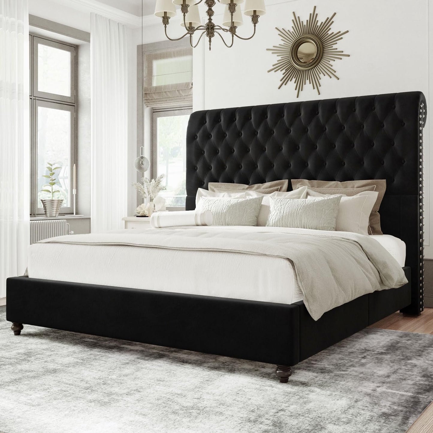 PLAUIN Bed Frame with Sleigh and Button Tufted Headboard,Velvet Upholstered