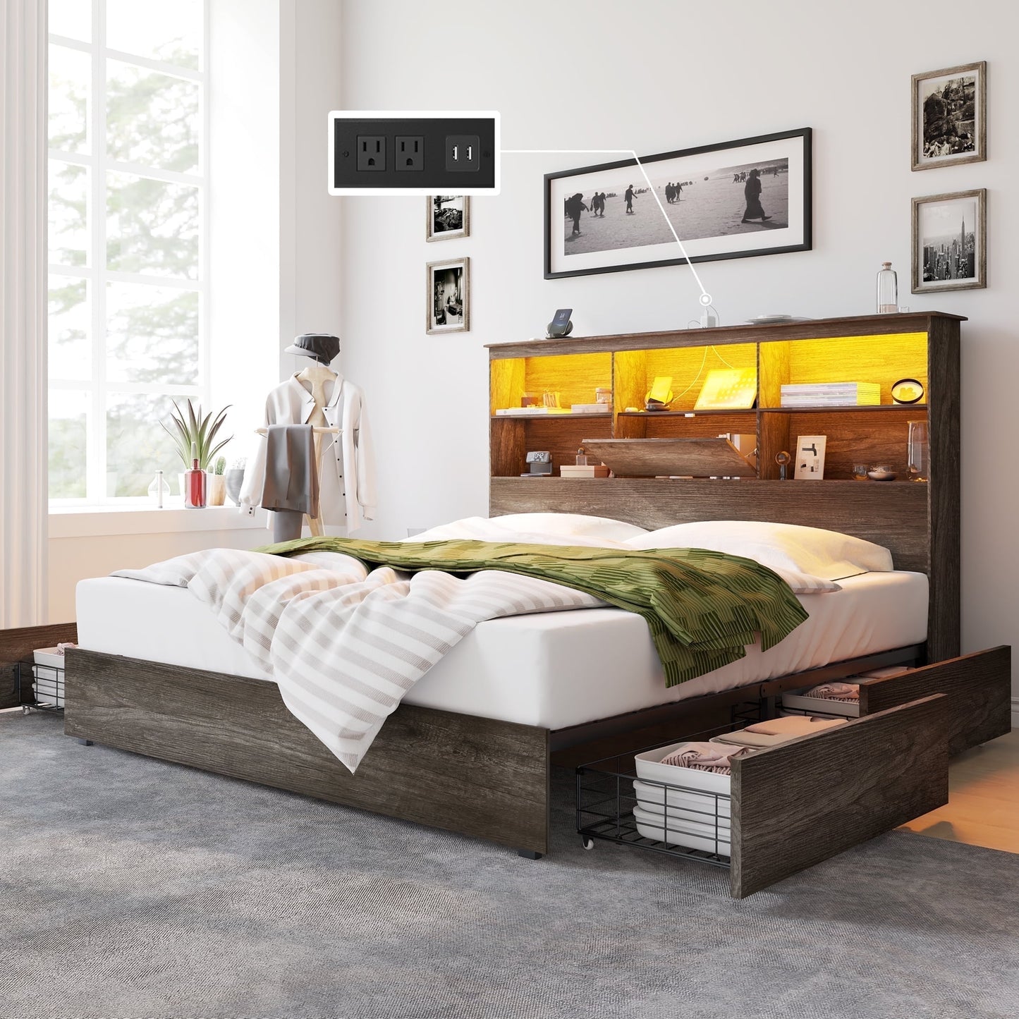 amerlife Bed Frame, Wooden Platform Bed with 51.2" LED Bookcase Headboard, 4 Storage Drawers, Charging Station, Noise-Free