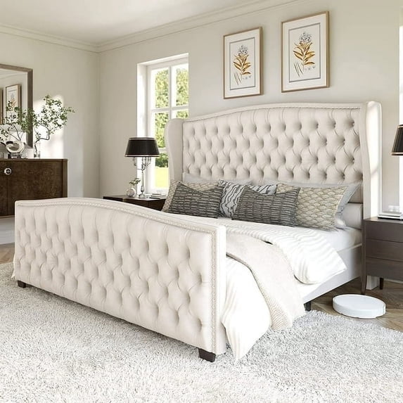 Amerlife Platform Bed Frame, Velvet Upholstered Bed with Deep Button Tufted Wingback Headboard and Nailhead Trim