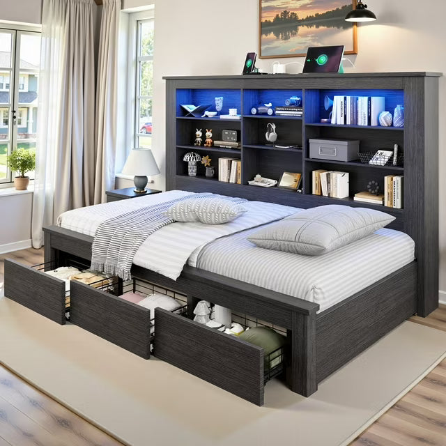 amerlife Daybed with Bookcase Headboard, USB-C Charging, RGB Lights & 3 Drawers, No Box Spring Needed, Platform Bed Frame for Teens, Dorms, Guest Room
