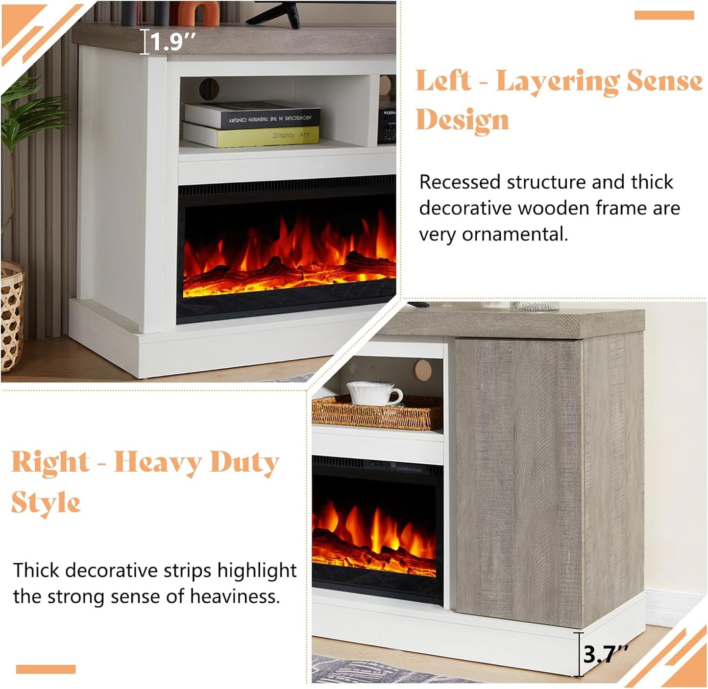 75" Fireplace TV Stand with 60" Glass Electric Fireplace, Color Contrast Rustic Media Entertainment Center with Storage for TVs Up to 85" for Living Room