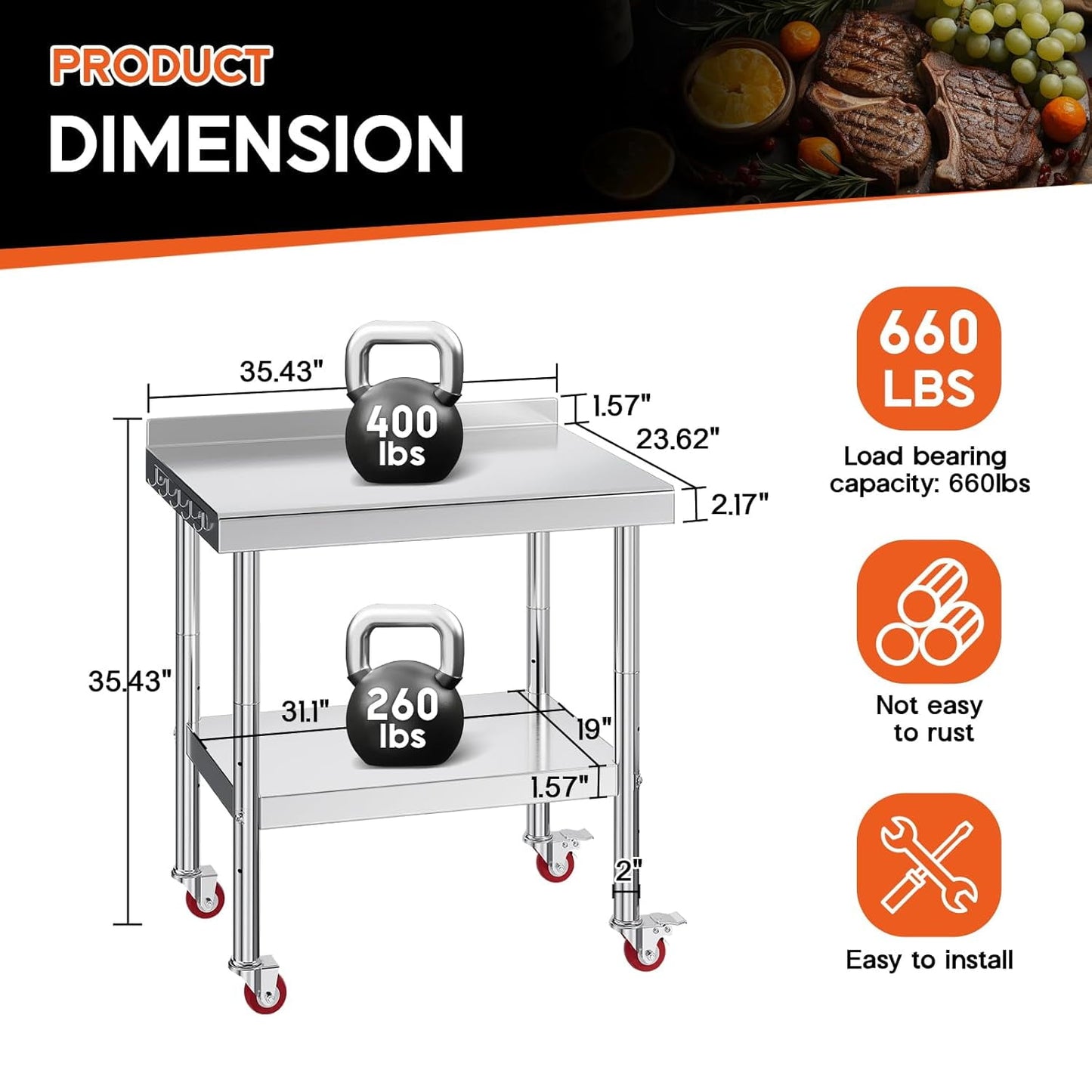 Jocisland 24x36in Stainless Steel Table, Kitchen Prep Table with Adjustable Undershelf, NSF Certified Metal Surface (Includes Wheels & Backsplash) for Home Kitchen, Restaurant, Hotel, and Garage