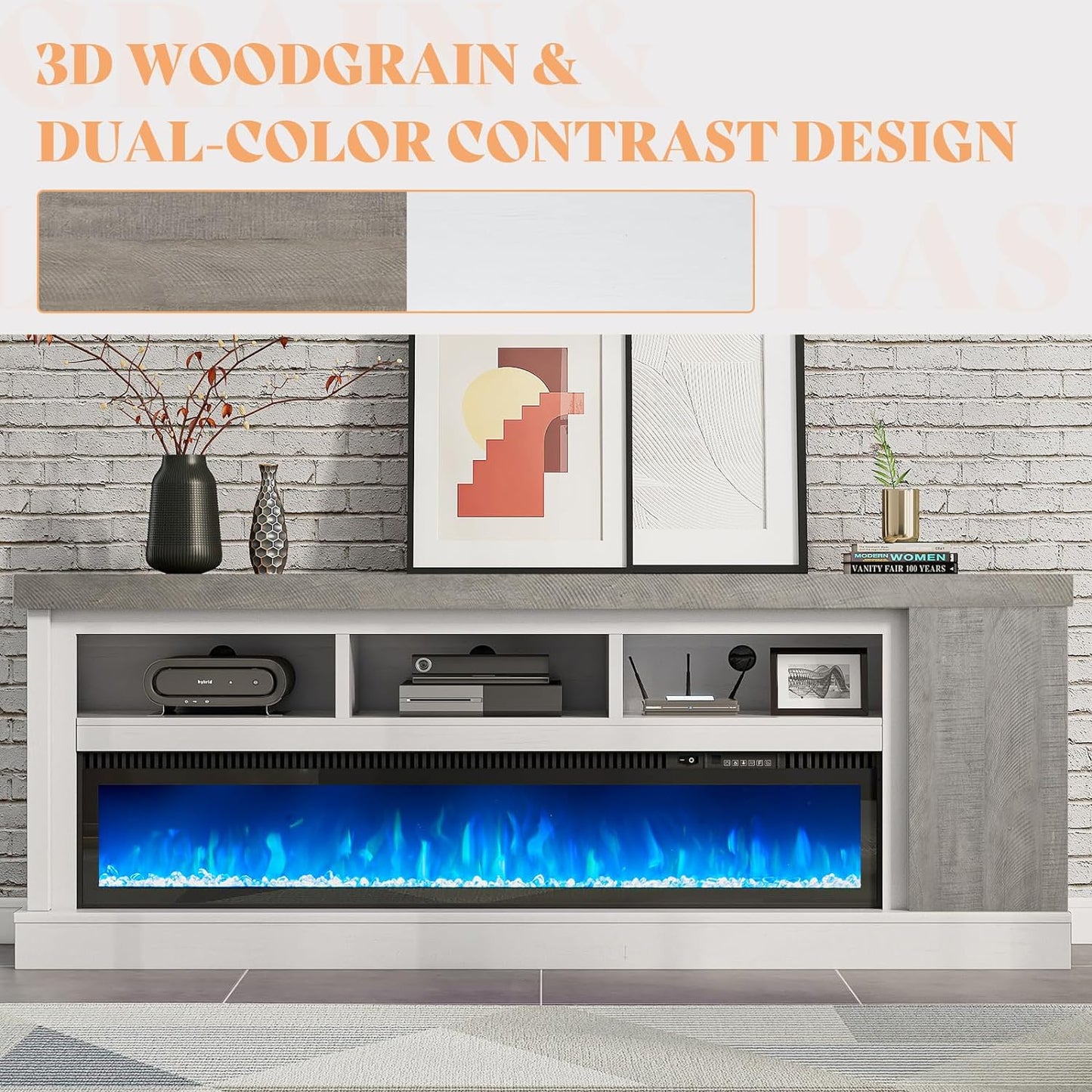 75" Fireplace TV Stand with 60" Glass Electric Fireplace, Color Contrast Rustic Media Entertainment Center with Storage for TVs Up to 85" for Living Room