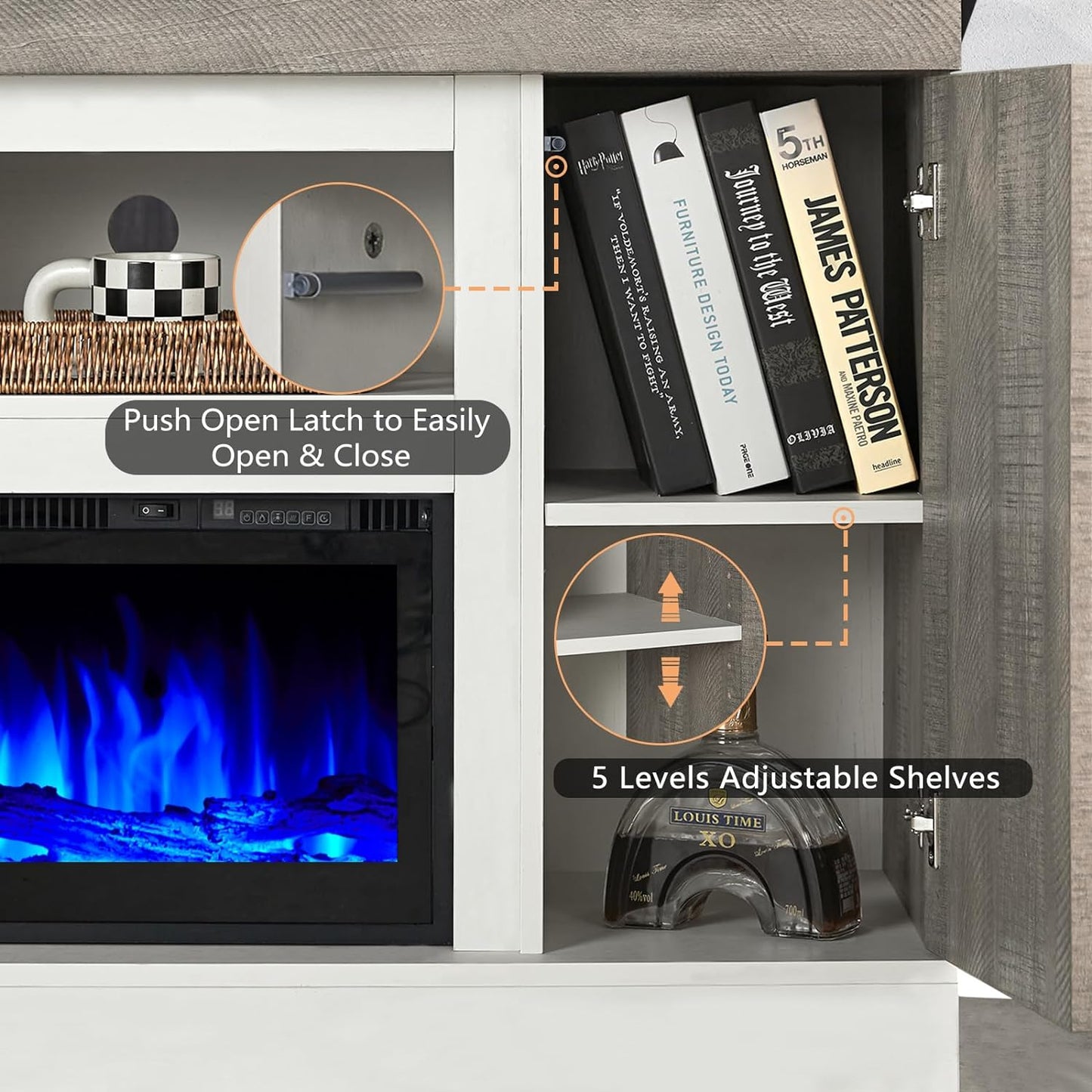 75" Fireplace TV Stand with 60" Glass Electric Fireplace, Color Contrast Rustic Media Entertainment Center with Storage for TVs Up to 85" for Living Room