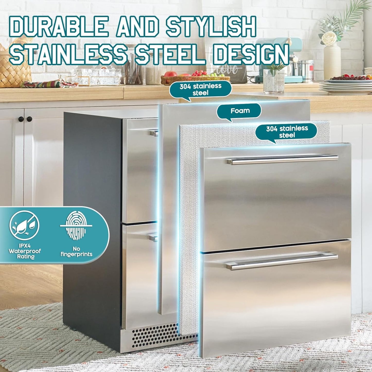 Jocisland 24" Under Counter Drawer Fridge, Stainless Steel Beverage Refrigerator, Dual Drawers, LED Control, Adjustable Storage, Frost-Free, Low Noise, 34-72℉, Indoor/Outdoor Use