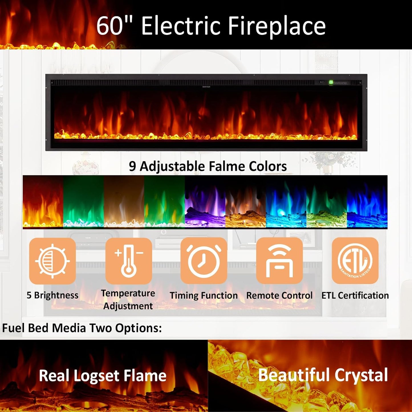 75" Fireplace TV Stand with 60" Glass Electric Fireplace, Color Contrast Rustic Media Entertainment Center with Storage for TVs Up to 85" for Living Room