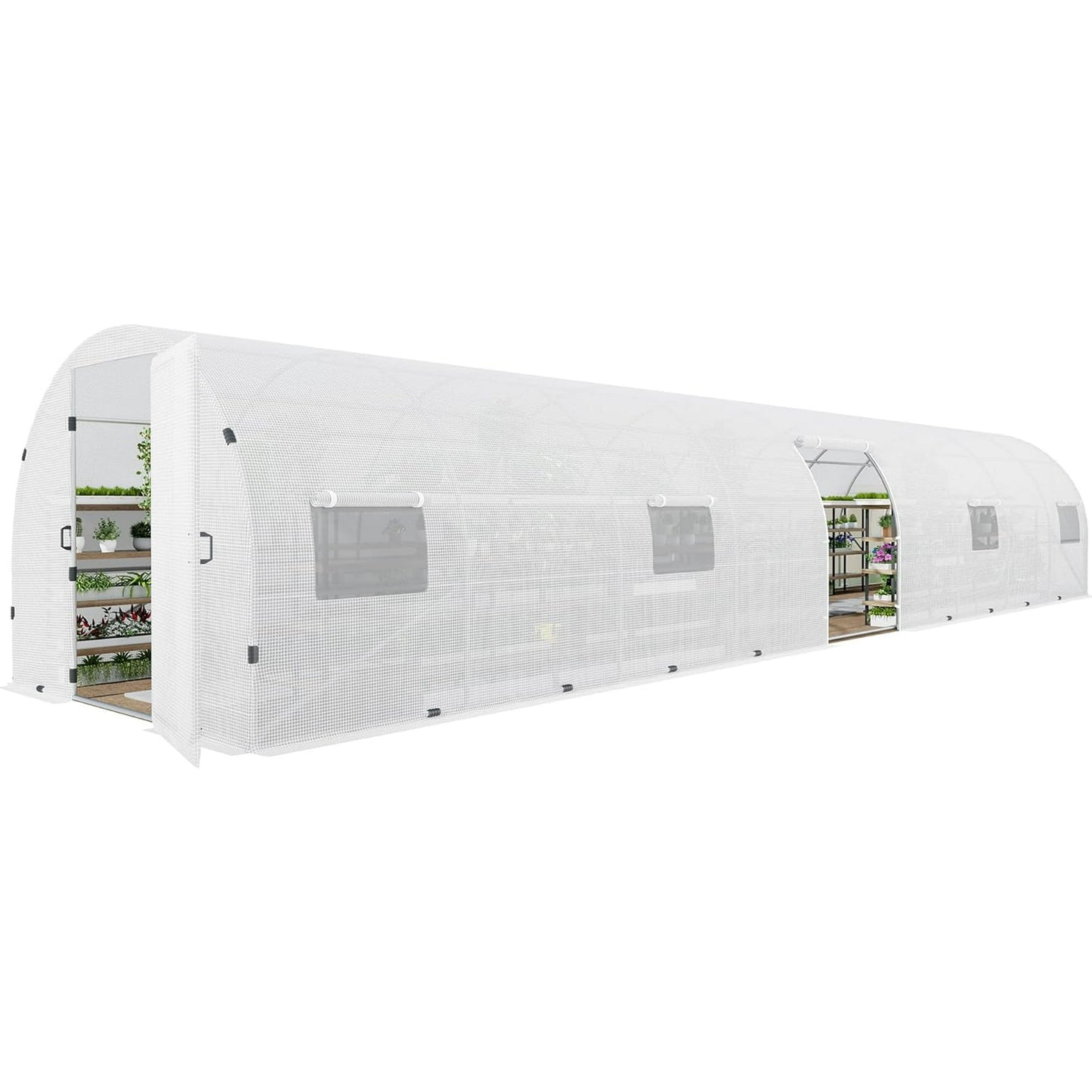 44x10x7.5 ft Outdoor Tunnel Greenhouse, Ships in 2 Packages, with Swing Door, Premium PE Cover, Film Clips, White, Clear Cover Patter
