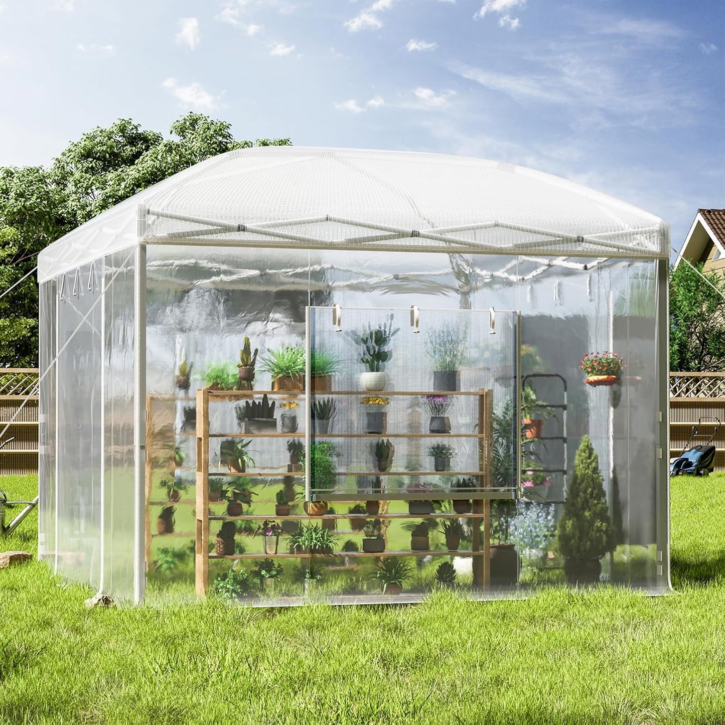LUXOAK 9.7x9.7×8.5 FT Upgraded Pop-up Greenhouses for Outdoors Indoor with Adjustable Reinforced Frame, Portable Walk in Green house with Roll-up Zipper Door, Windows and PE Cover, White