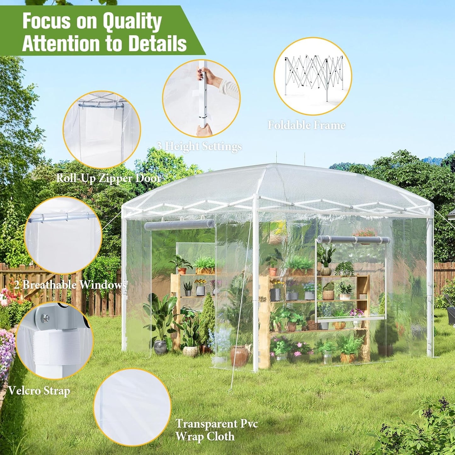 Jocisland 9.7x9.7×8.5 FT Upgraded Pop-up Greenhouses for Outdoors Indoor with Adjustable Reinforced Frame, Portable Walk in Green house with Roll-up Zipper Door, Windows and PE Cover, White