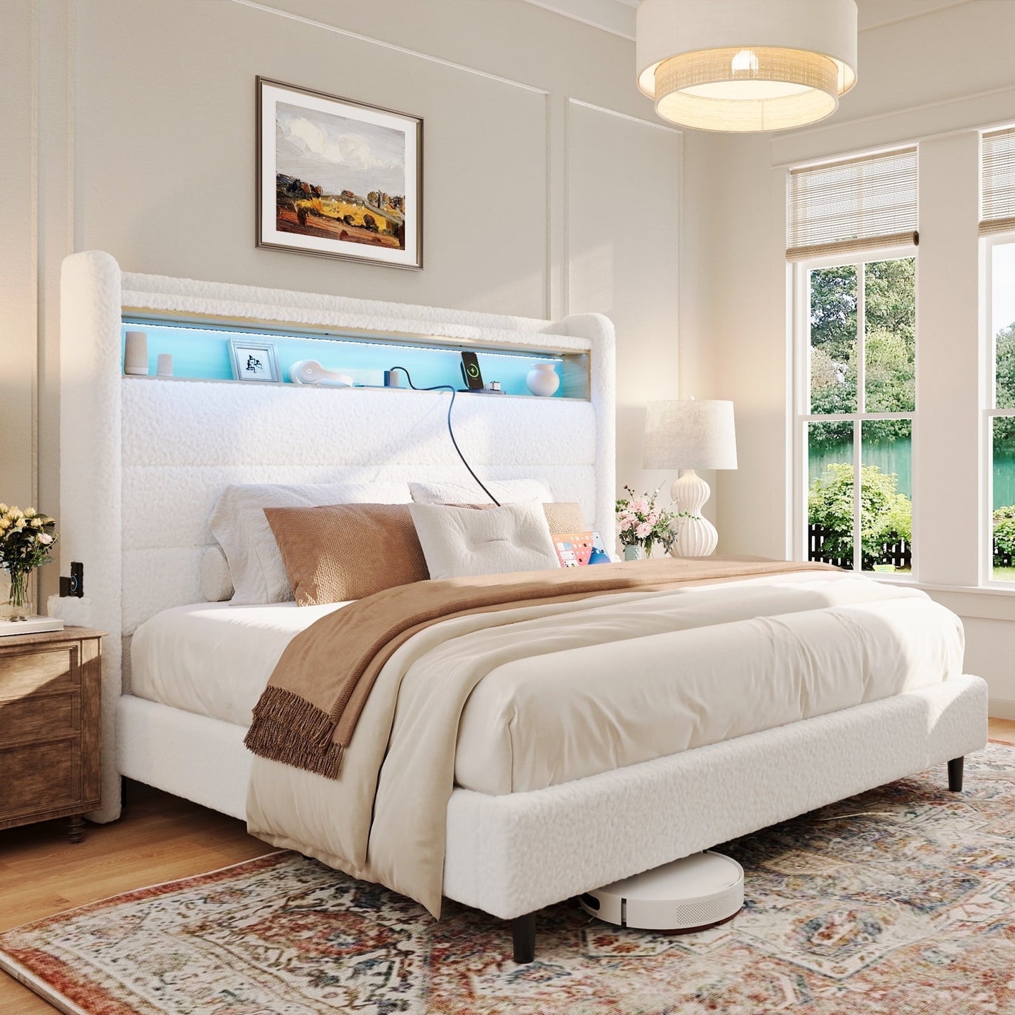 Bed Frame with LED Lights, Tall Headboard Upholstered Platform Bed, Charging Station, Wingback, No Box Spring Needed, Boucle