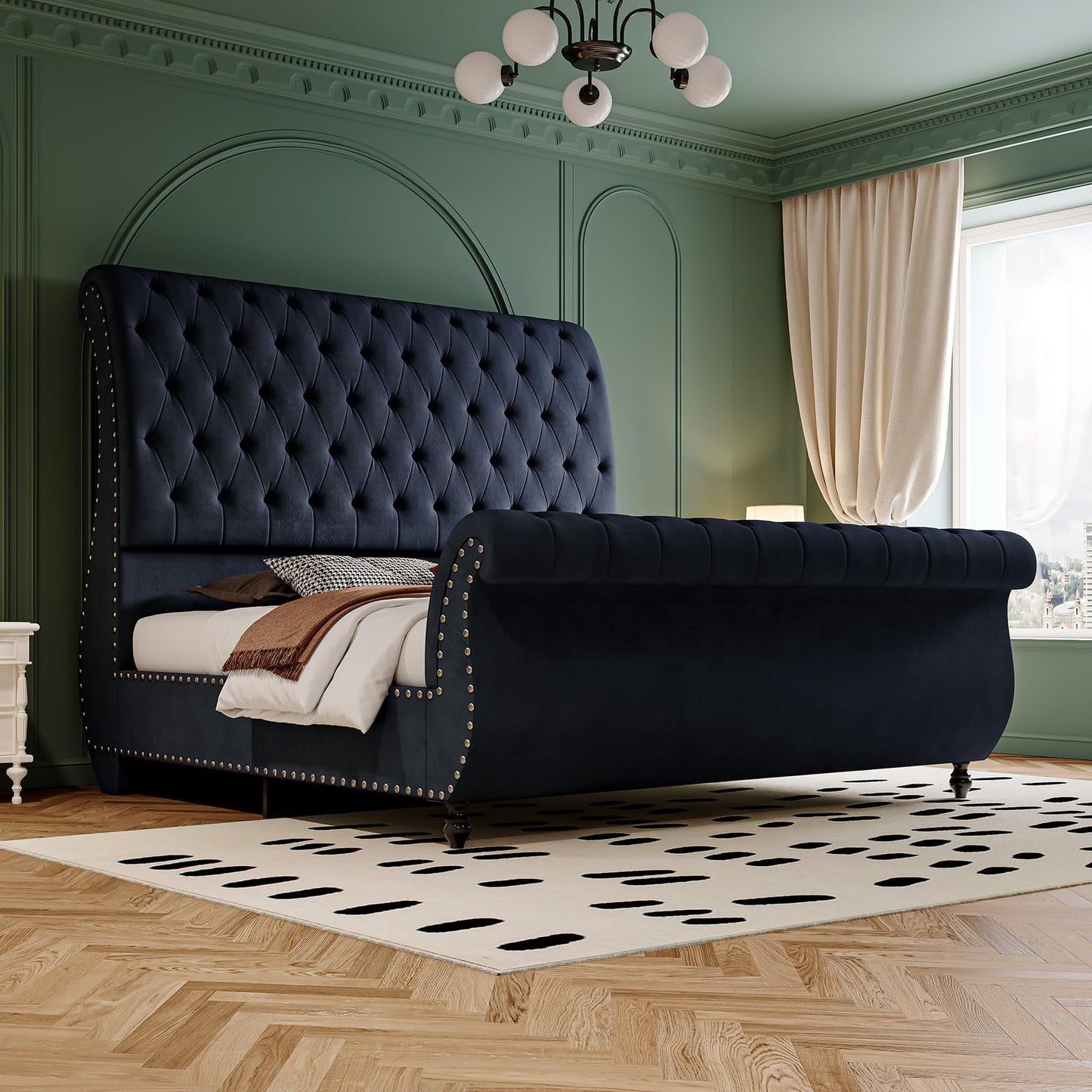 Bed Frame, Velvet Upholstered Platform Sleigh Bed With Scroll Headboard & Footboard, Button Tufted, No Box Spring Needed