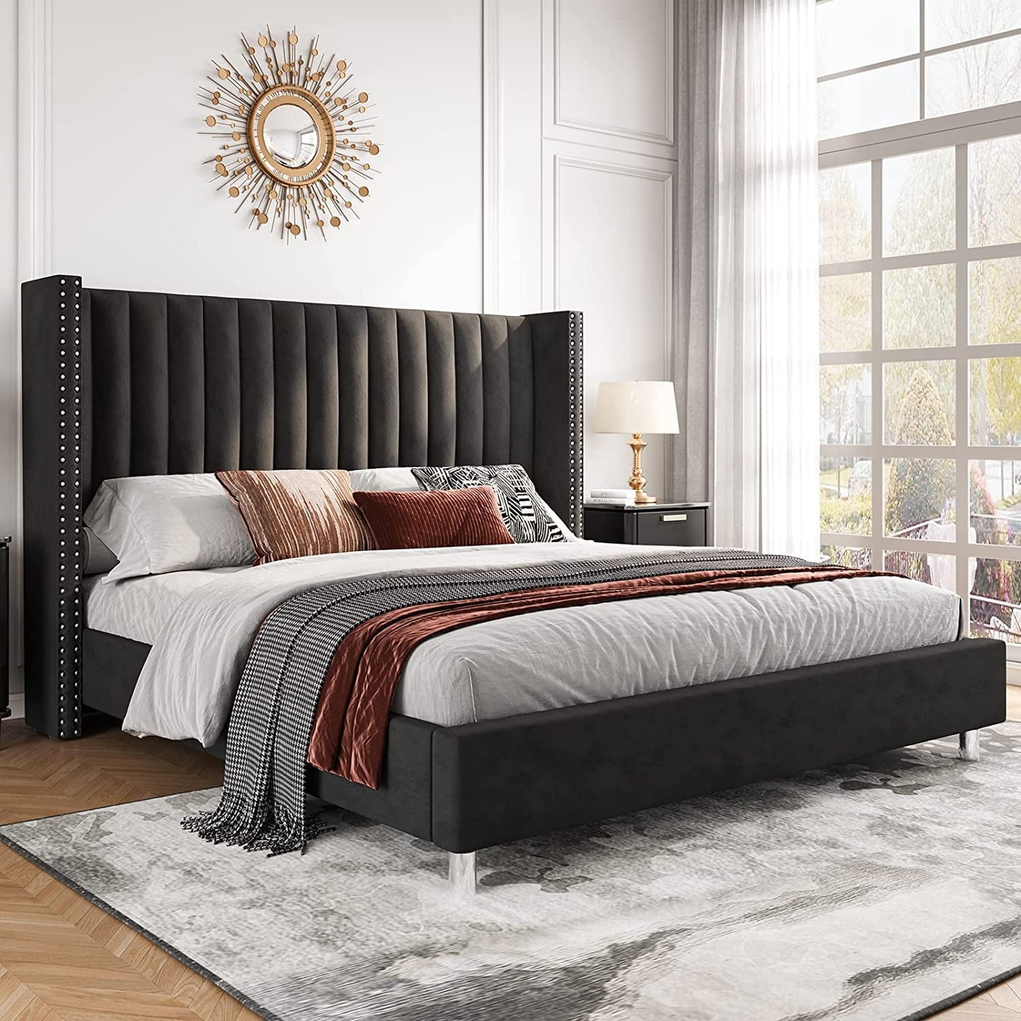 Velvet Upholstered Bed Frame with Vertical Channel Tufted Headbord