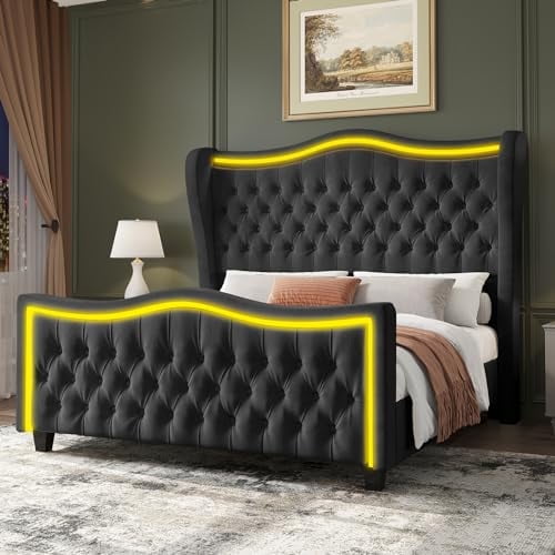 Bed Frame with LED Lights, 53'' Upholstered Platform Wingback Bed with Handmade Deep Button Tufted Headboard Footboard, No Box Spring Needed